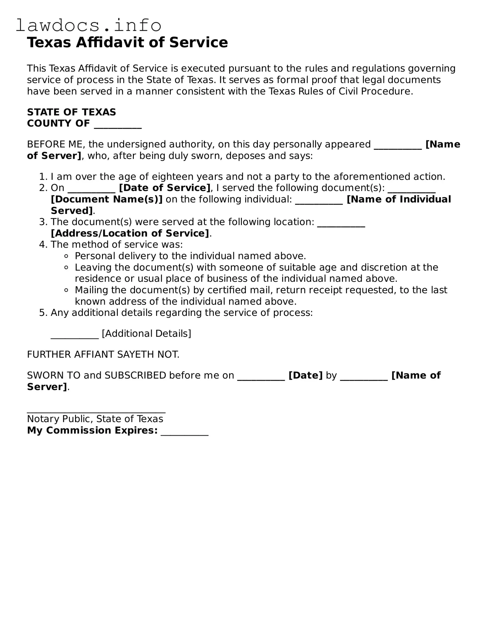 Blank Affidavit of Service Template for the State of Texas