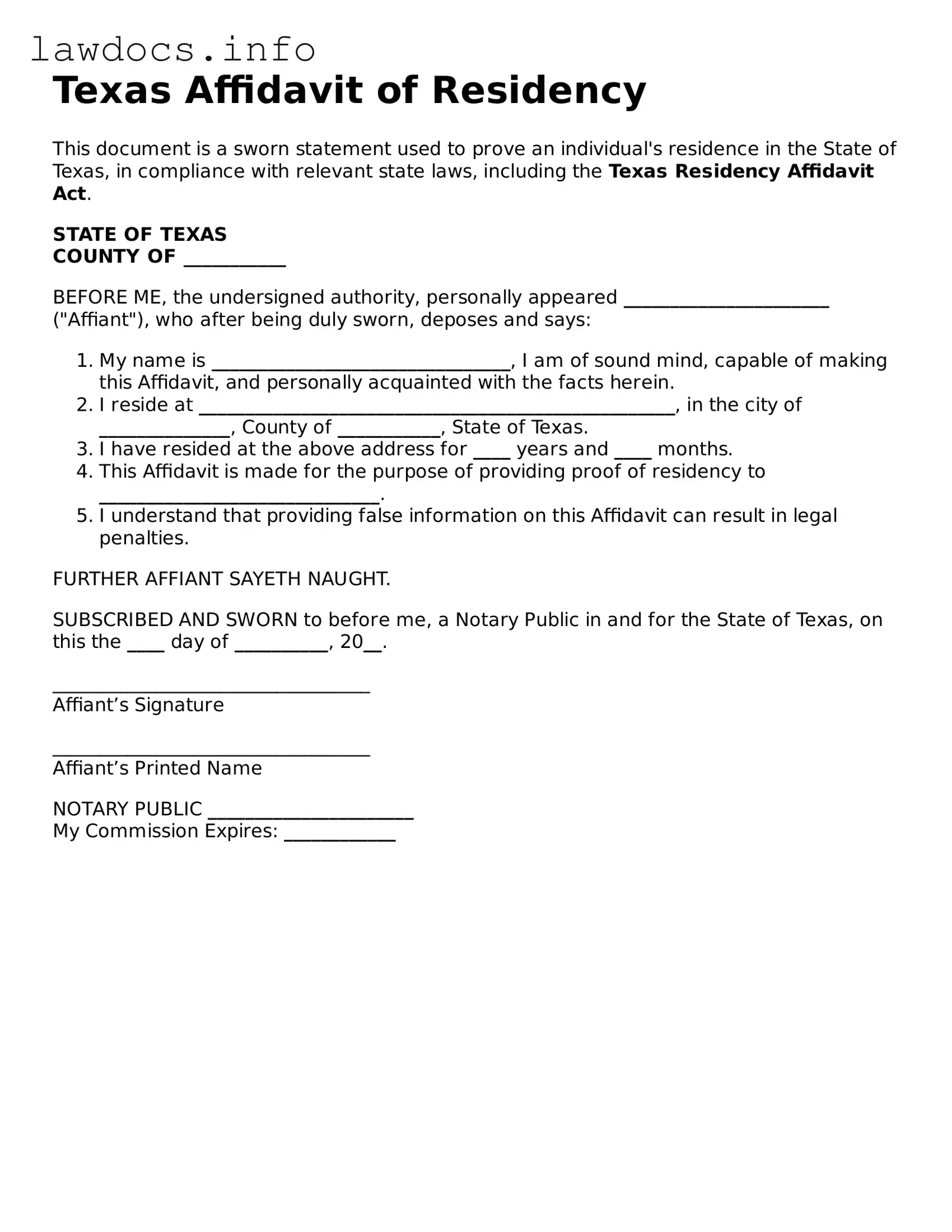 Blank Affidavit of Residency Template for the State of Texas