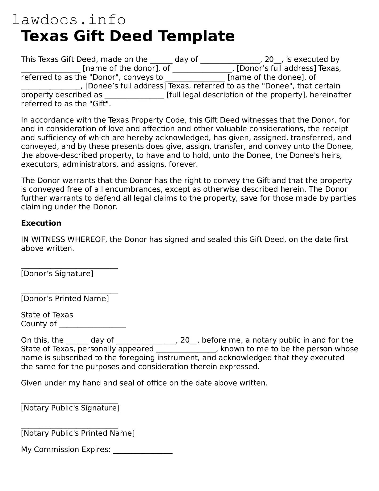 Blank Gift Deed Template for the State of Texas