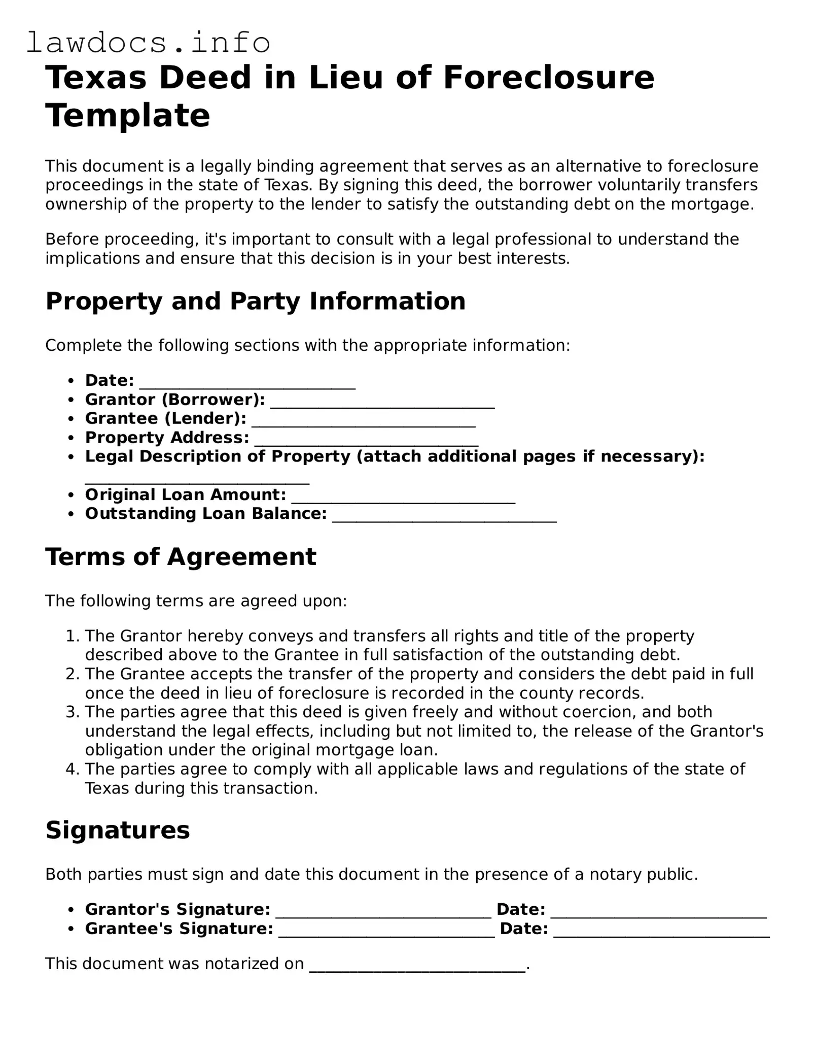 Blank Deed in Lieu of Foreclosure Template for the State of Texas