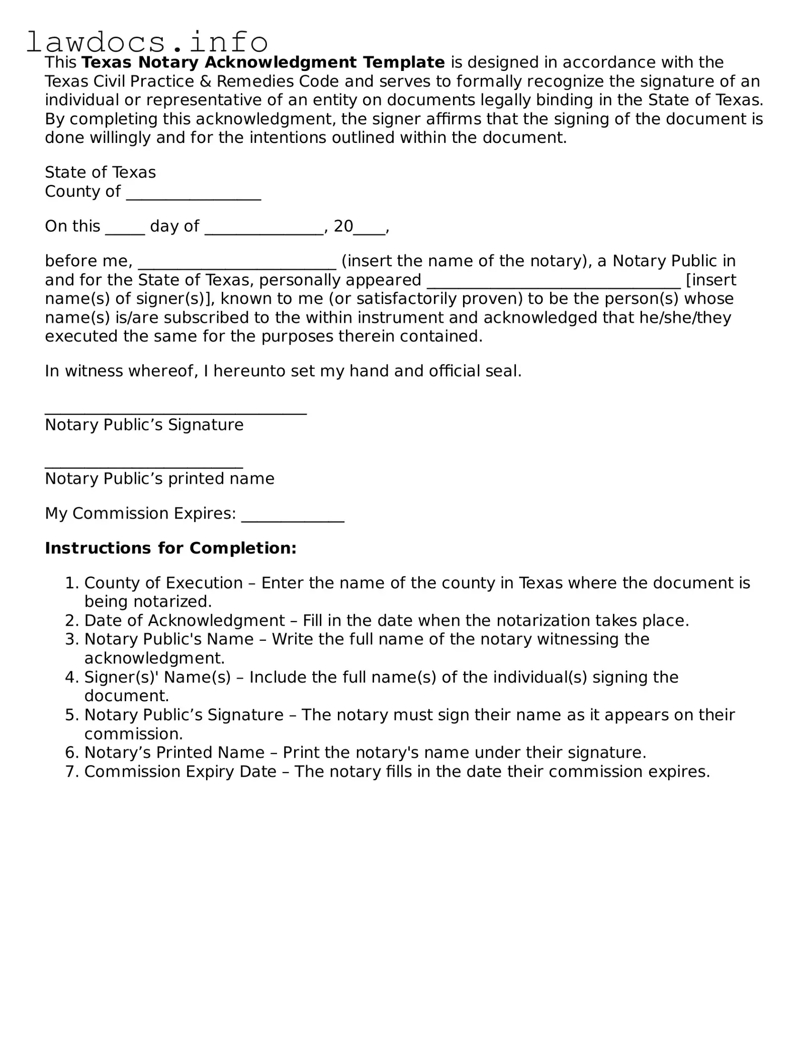 Blank Notary Acknowledgement Template for the State of Texas