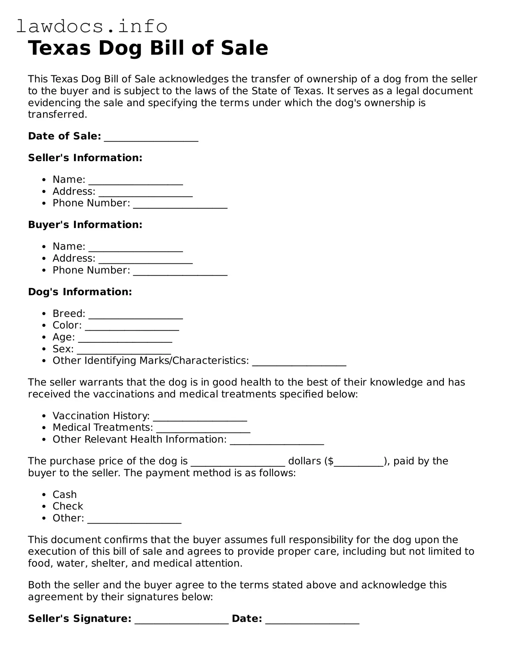 Blank Dog Bill of Sale Template for the State of Texas