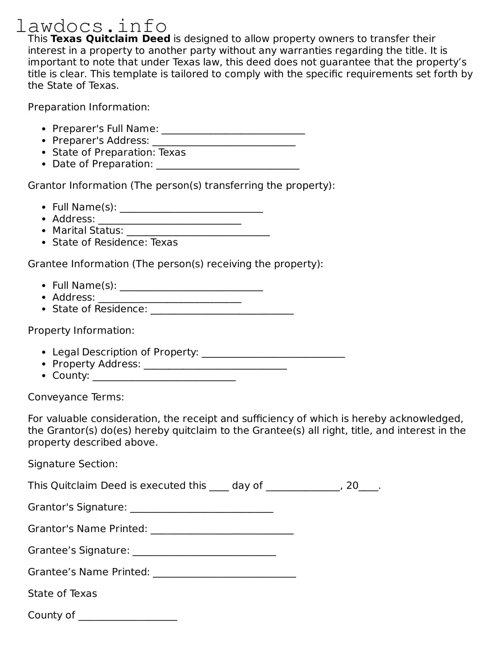 Blank Quitclaim Deed Template for the State of Texas