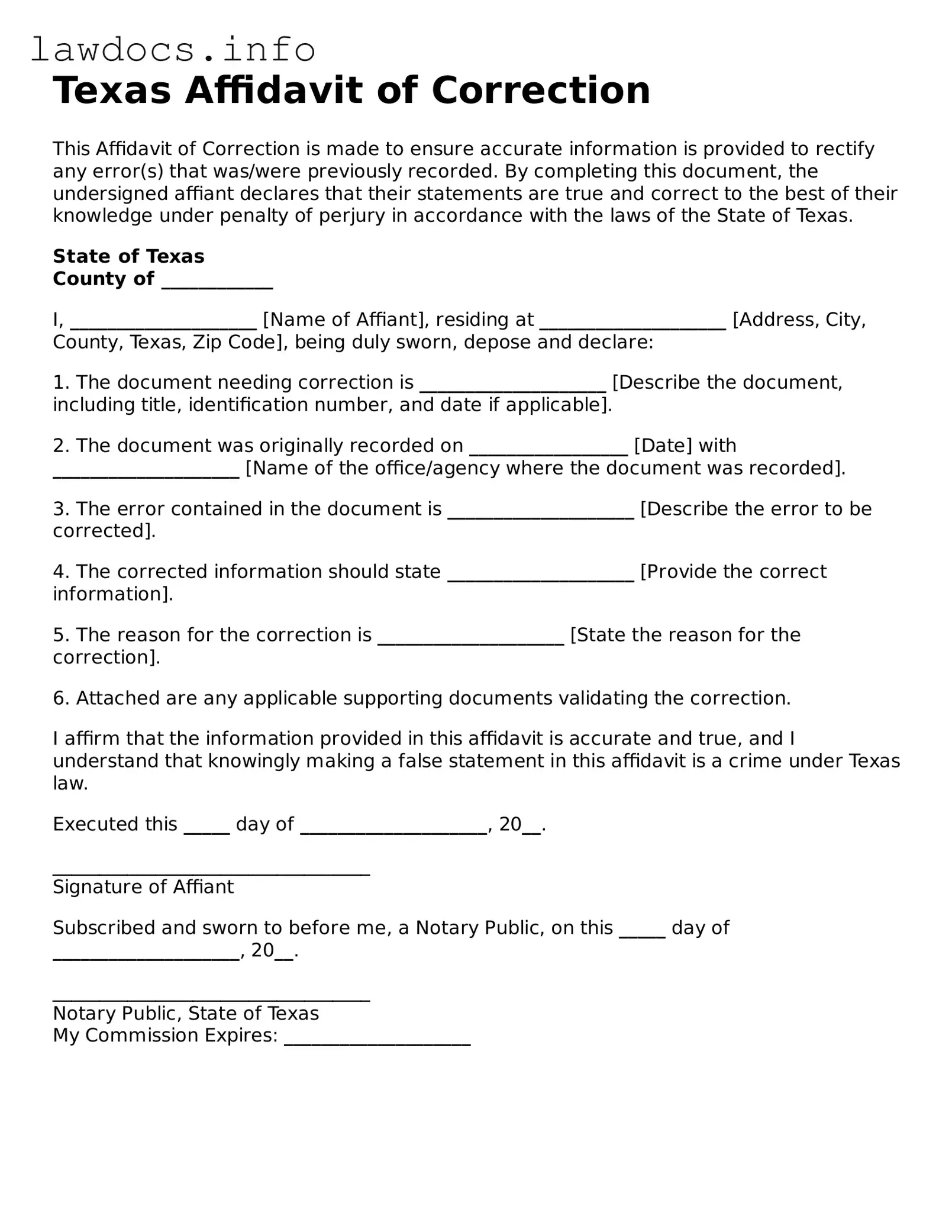 Blank Affidavit of Correction Template for the State of Texas