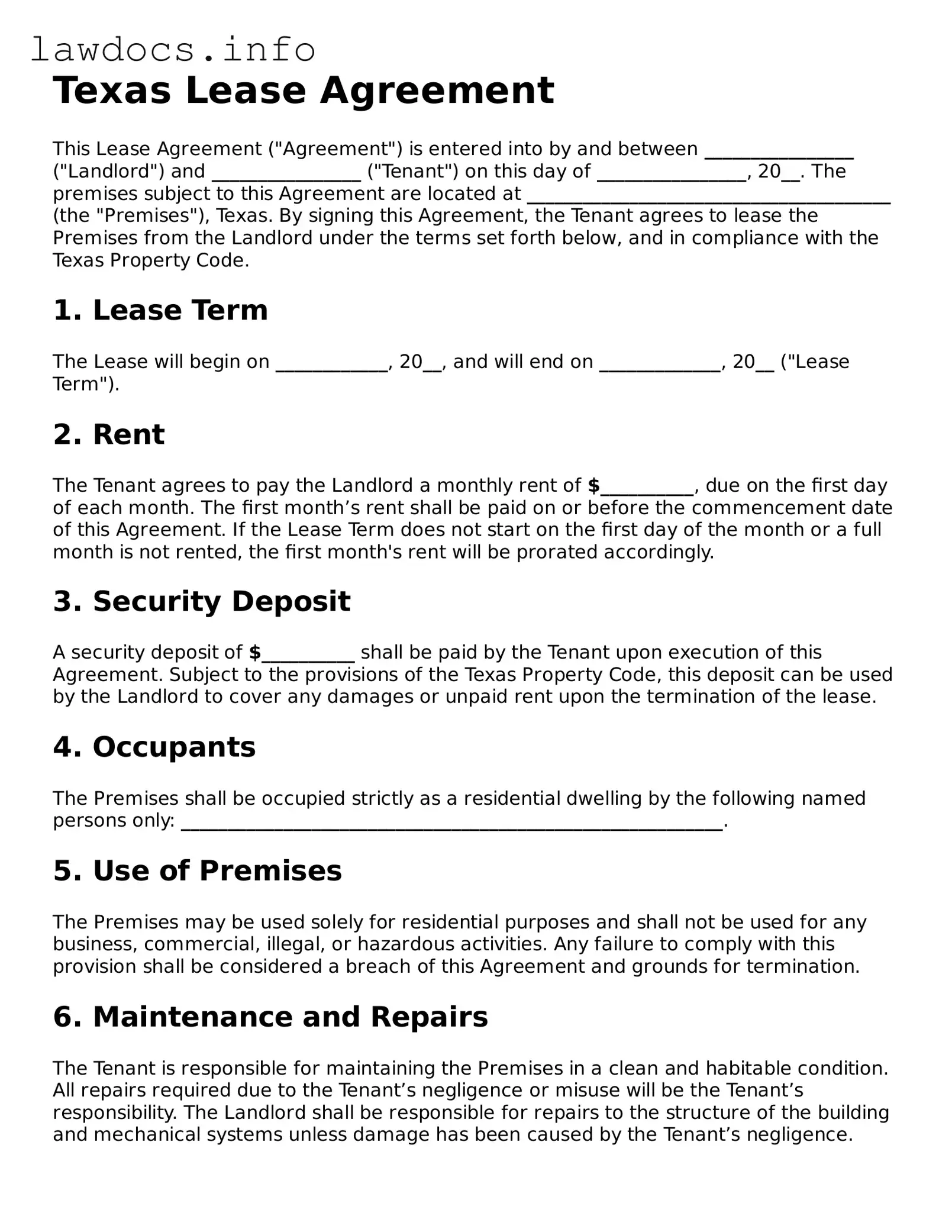 Blank Lease Agreement Template for the State of Texas