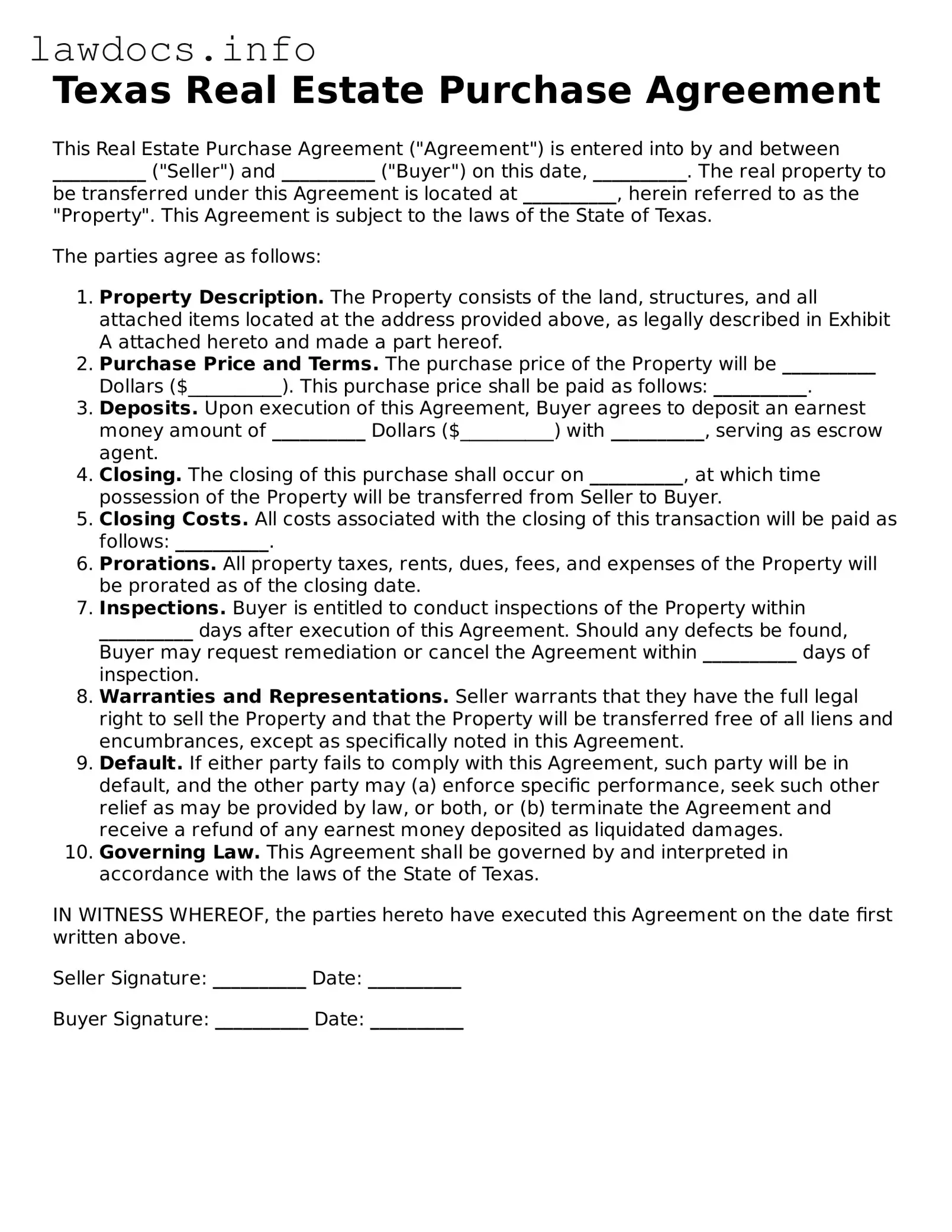 Blank Real Estate Purchase Agreement Template for the State of Texas
