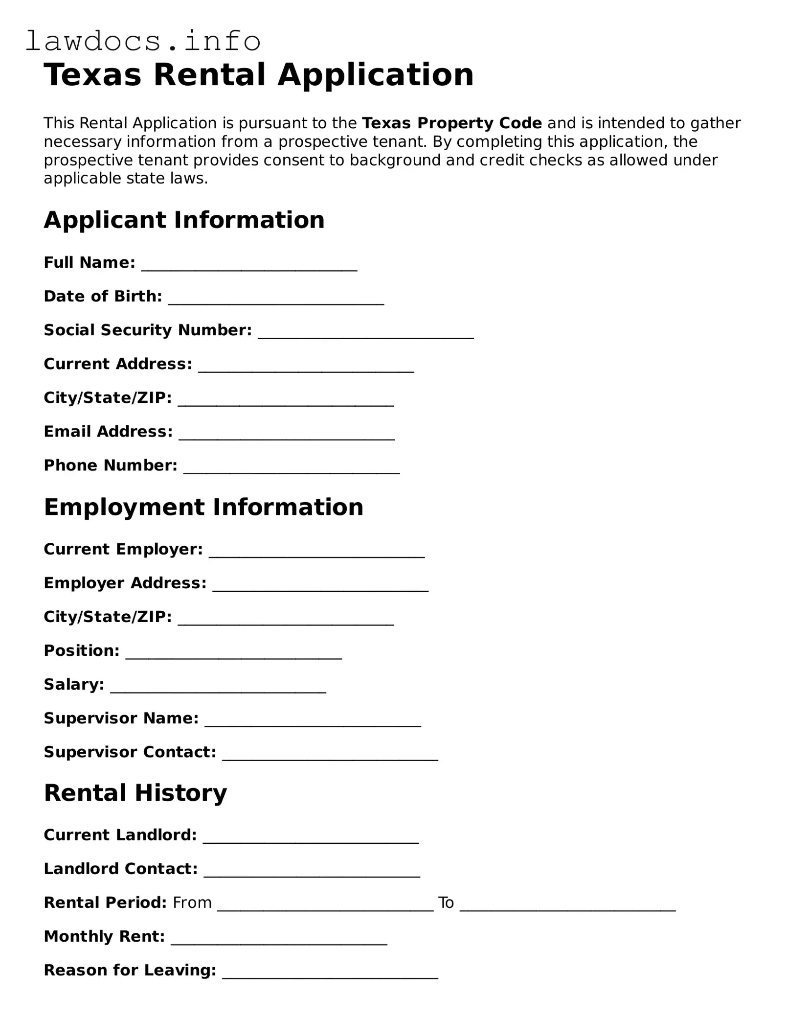 Blank Rental Application Template for the State of Texas