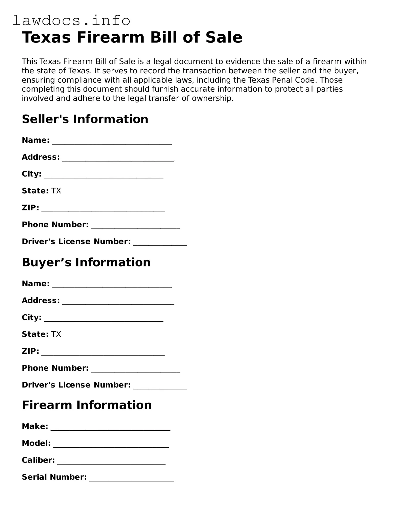 Blank Firearm Bill of Sale Template for the State of Texas