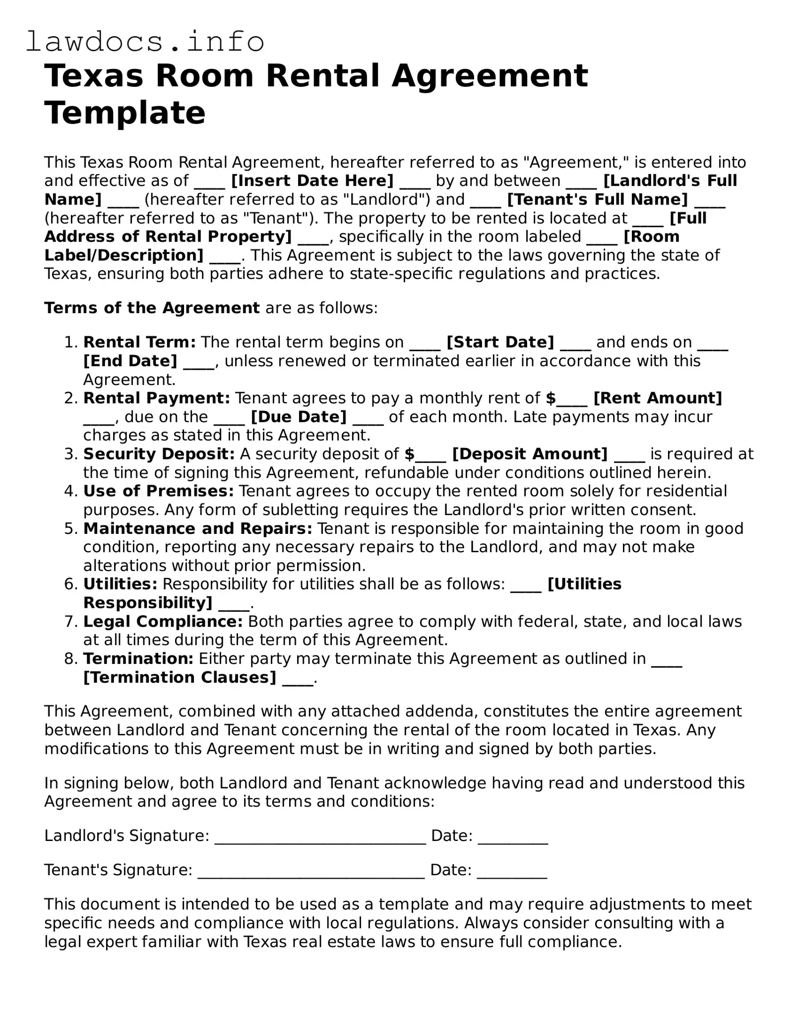 Blank Room Rental Agreement Template for the State of Texas