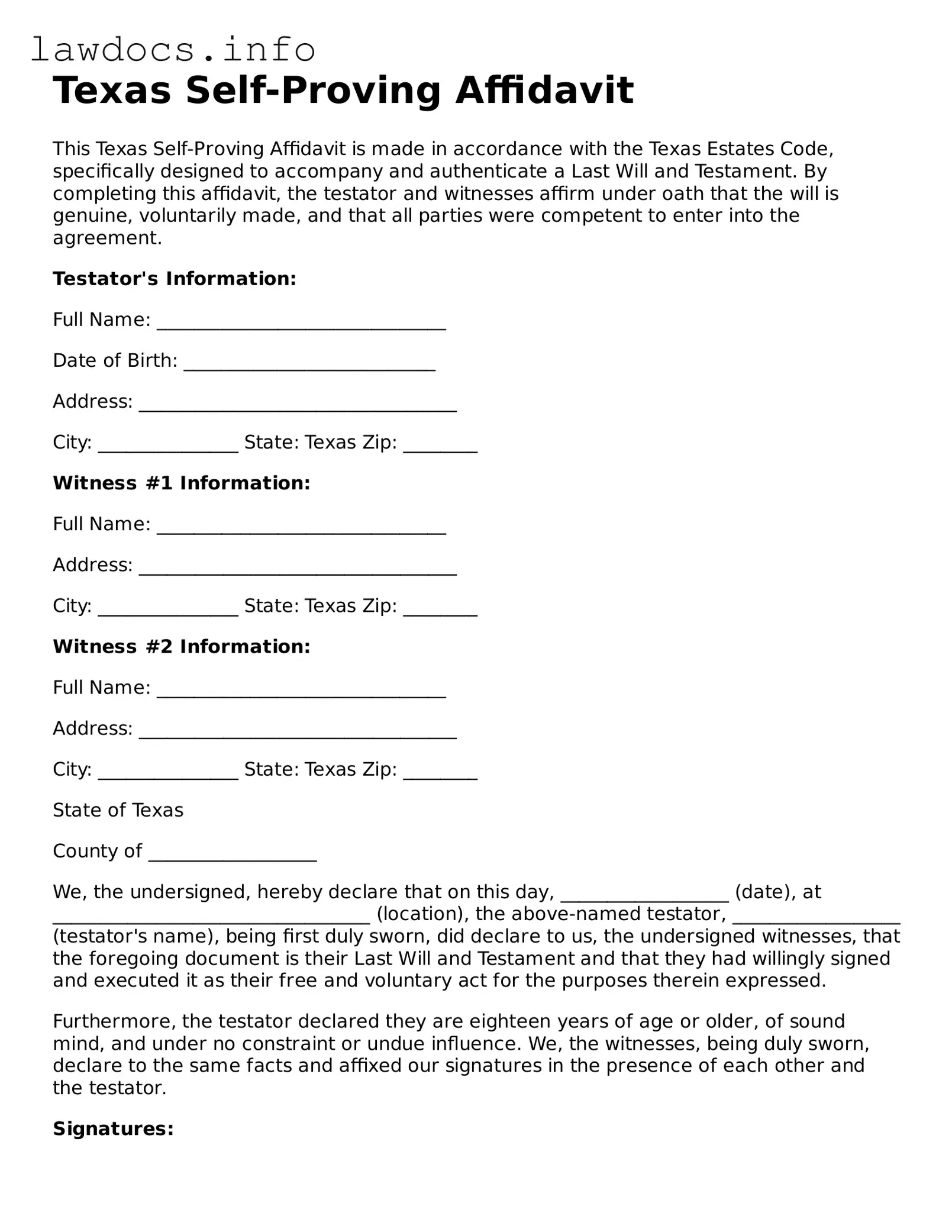 Blank Self-Proving Affidavit Template for the State of Texas