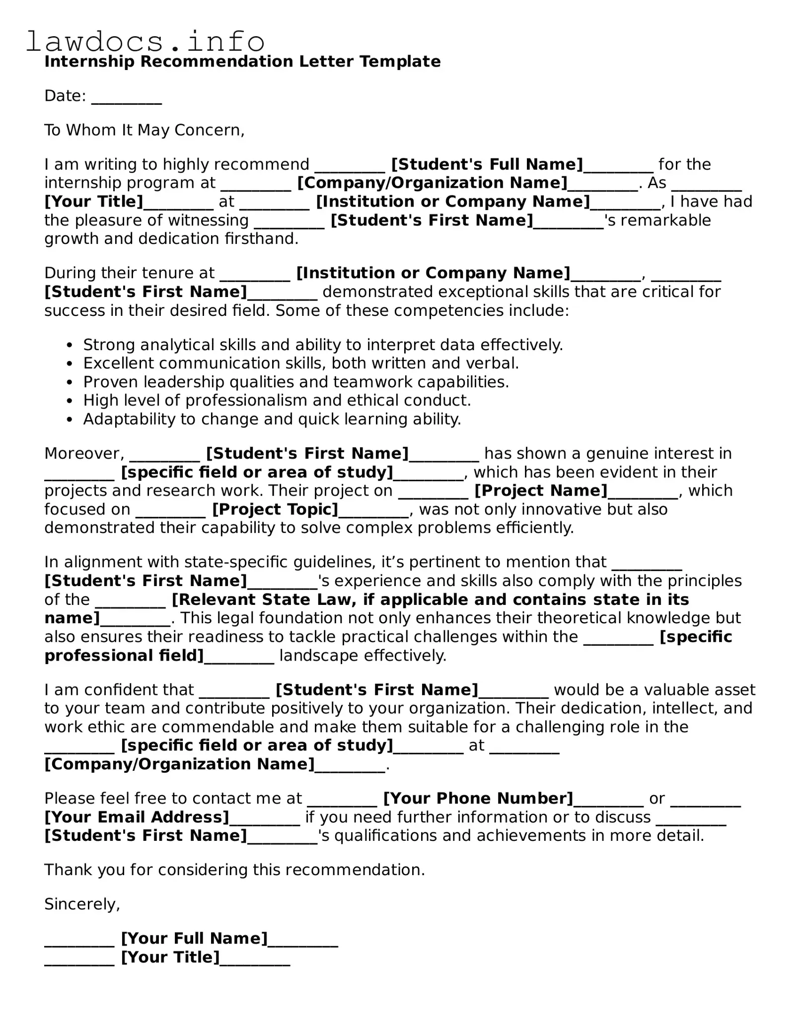 Valid Letter of Recommendation for Internship Form