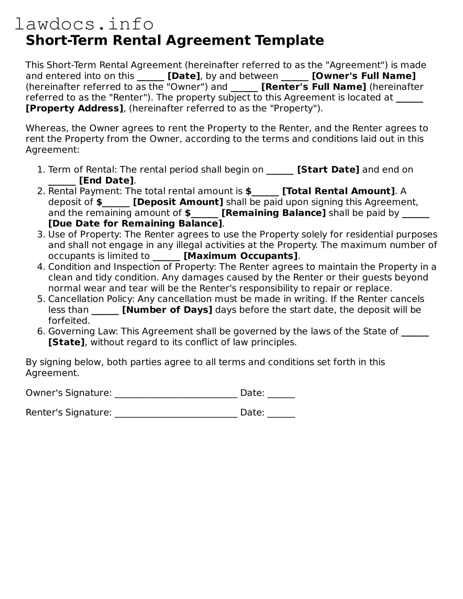 Valid Short-Term Rental Contract Form