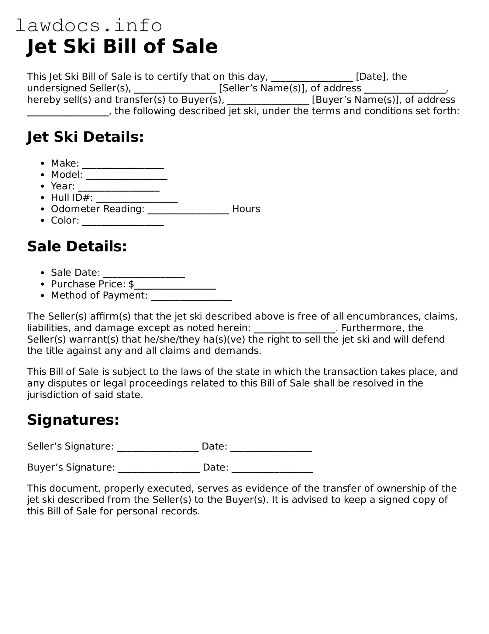 Valid Jet Ski Bill of Sale Form